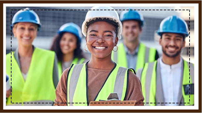 A group of people wearing safety vests and hard hats.