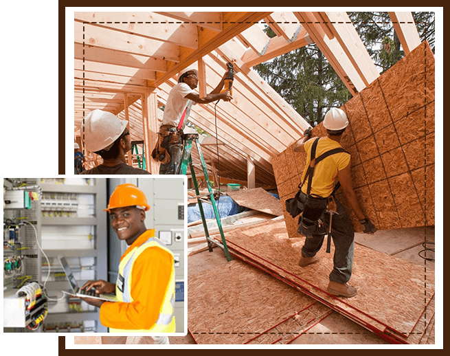 A collage of construction workers and their tools.