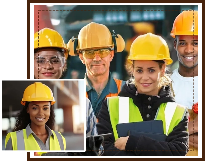 A group of people wearing hard hats and safety vests.